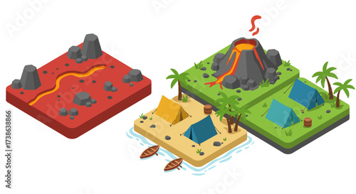 Isometric camping adventure with diverse natural landscapes
