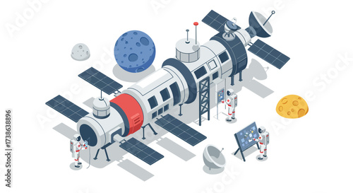 Futuristic space station with astronauts exploring celestial bodies in isomet…