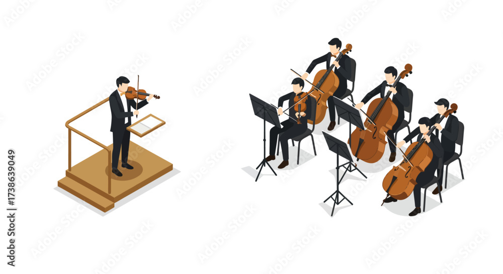 Isometric orchestra ensemble with conductor and string musicians in elegant p…