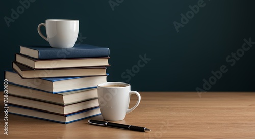 A stack of books with two coffee cups and a pen on a wooden desk against a dark teal background.