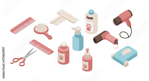 Isometric pet grooming tools collection for dog care and hygiene