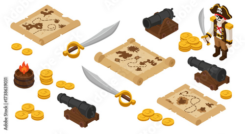 Isometric pirate adventure elements: maps, swords, cannons, and treasure for…