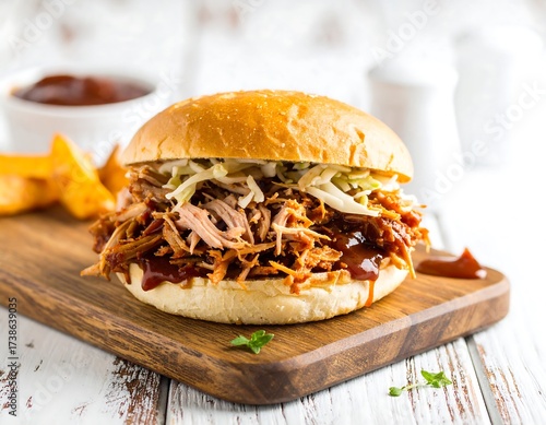 Pulled pork sandwich on a bun, with coleslaw and chips