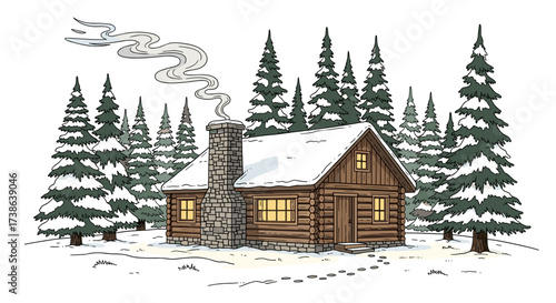 Hand-drawn cozy log cabin with a smoking chimney in a snowy winter pine forest vector illustration