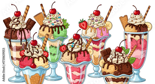 Pixel art vector illustration of assorted ice cream sundaes isolated on transparent background svg