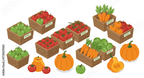 Vibrant market harvest with fresh vegetables and fruits in flat design