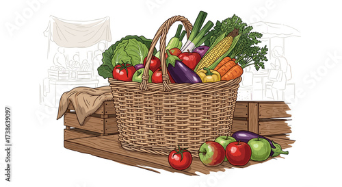 A wicker basket full of fresh farm vegetables and fruits in a retro pixel art vector illustration.