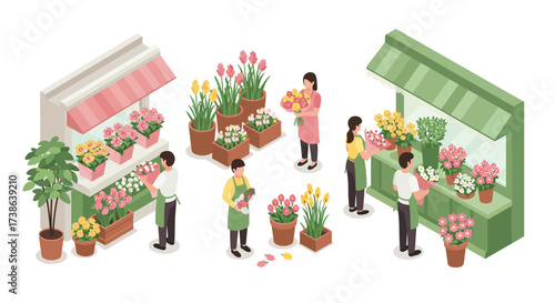 Isometric floral shop scene: florists arranging colorful spring blooms in vib…