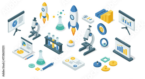 Colorful isometric science and technology icons set for data presentation