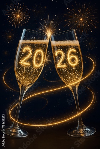 Two crystal champagne glasses clinking, fireworks exploding inside forming digits 2026 with glowing festive trails. Ideal for holiday celebrations, luxury, and festive parties.
