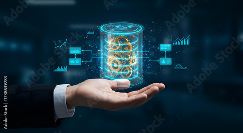 Hand Holding Holographic Data Cylinder with Floating Gears and Code Elements — Data Storage, Secure Cloud Database and DevOps Visualization