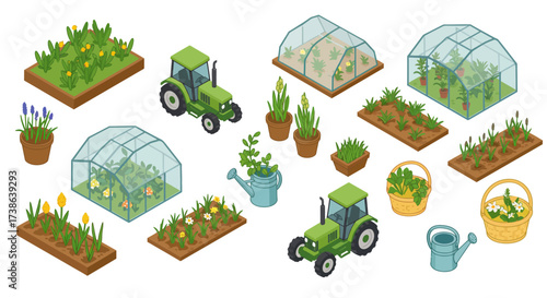 Isometric garden elements: greenhouse, tractor, plants, and tools for gardeni…