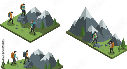 Isometric hiking adventure in mountainous terrain with hikers and pine trees
