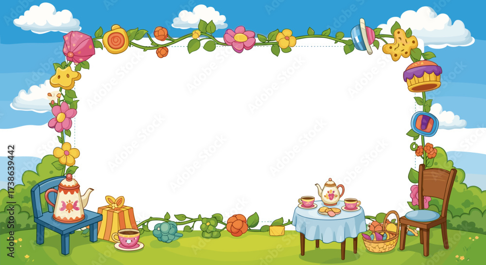 Obraz premium Decorative garden tea party frame with flowers for a child's birthday isolated vector illustration