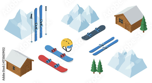 Isometric winter sports equipment and mountain cabins with snow-covered peaks