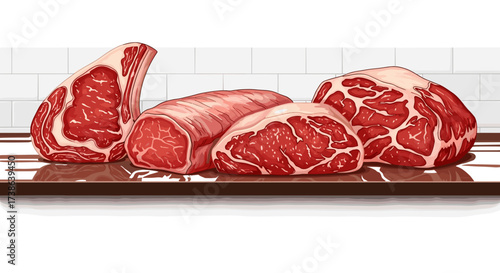 Fresh raw beef cuts like ribeye and roast isolated on transparent background. Vector illustration