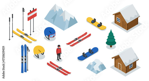 Isometric winter sports set with skis, snowboard, and alpine elements