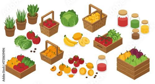 Isometric fresh produce and herbs in baskets with jars on white background