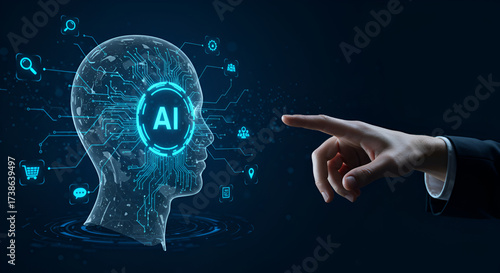 Wallpaper Mural Holographic AI Head with Neural Network Icons Being Touched by Executive Finger — Artificial Intelligence Interaction, Machine Learning Interface and Cognitive Torontodigital.ca