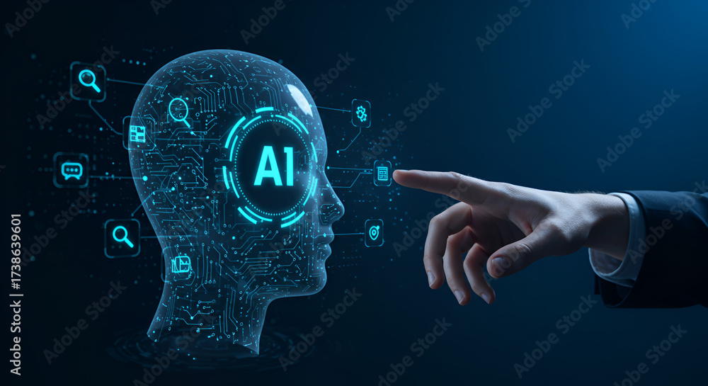custom made wallpaper toronto digitalHolographic AI Head with Neural Network Icons Being Touched by Executive Finger — Artificial Intelligence Interaction, Machine Learning Interface and Cognitive