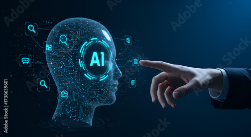 Wallpaper Mural Holographic AI Head with Neural Network Icons Being Touched by Executive Finger — Artificial Intelligence Interaction, Machine Learning Interface and Cognitive Torontodigital.ca