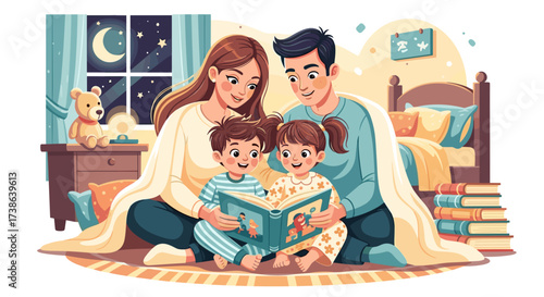 Loving family with parents reading bedtime stories to children isolated on transparent background.