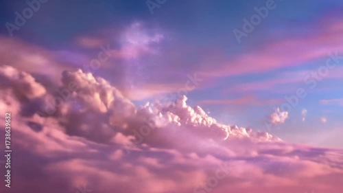 Ethereal vista of fluffy pink and white clouds against a vibrant blue and violet sky