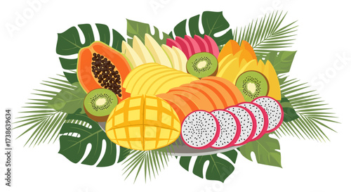Exotic tropical fruit platter with sliced mango, papaya, kiwi, and dragon fruit on palm leaves svg