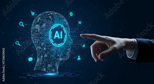 Wallpaper Mural Holographic AI Head with Neural Network Icons Being Touched by Executive Finger — Artificial Intelligence Interaction, Machine Learning Interface and Cognitive Torontodigital.ca