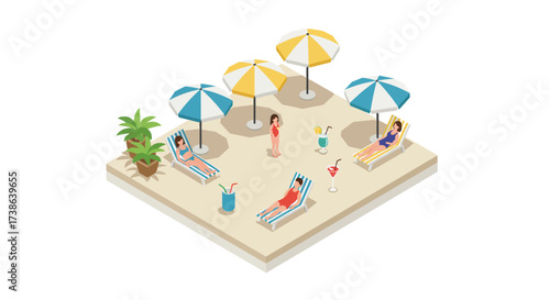 Isometric beach scene with sunbathing people and colorful umbrellas