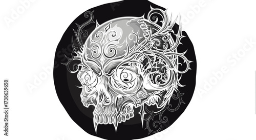Ornate gothic skull with vampire fangs and detailed thorny vine filigree. A vector illustration svg