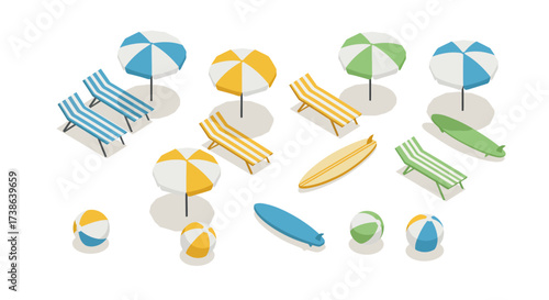Isometric beach scene with surfboards, umbrellas, and lounge chairs