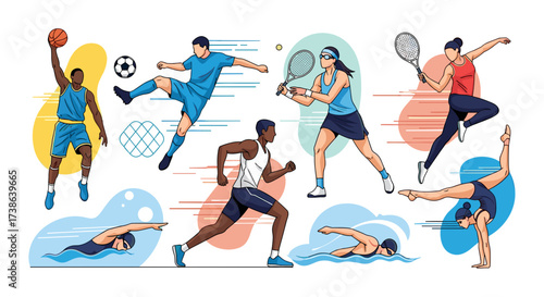 Collection of diverse athletes playing sports like basketball, soccer, and tennis vector svg
