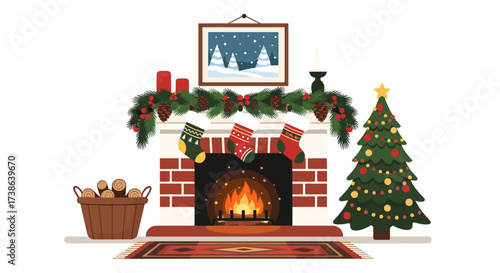 Cozy Christmas fireplace scene with decorated tree and stockings isolated on transparent background