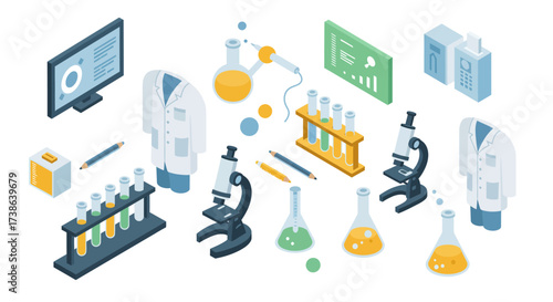 Isometric laboratory equipment and chemistry setup with microscopes and test…