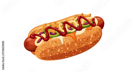 Gourmet hot dog with ketchup, mayo, and crispy onion toppings in a detailed svg vector illustration