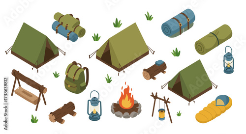 Camping isometric icons: tents, sleeping bags, lanterns, and campfires