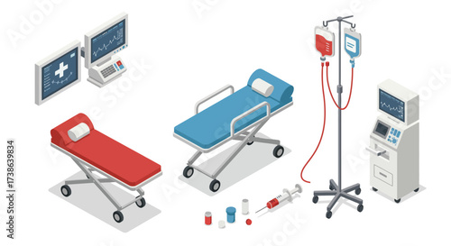Isometric medical equipment set with hospital bed, iv stand, and monitors