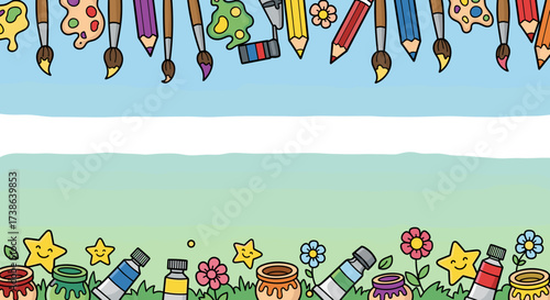 Colorful cartoon art and craft supplies page border with paintbrushes, svg vector illustration