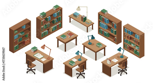 Isometric library workspace with bookshelves, desks, lamps, and books