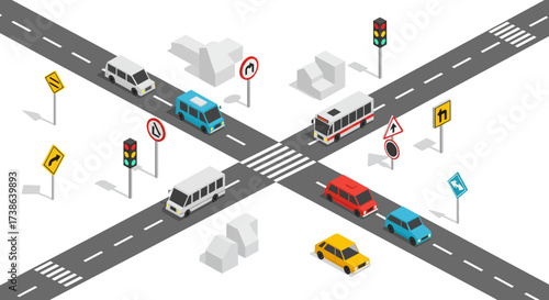 Isometric city traffic scene with vehicles and road signs at intersection