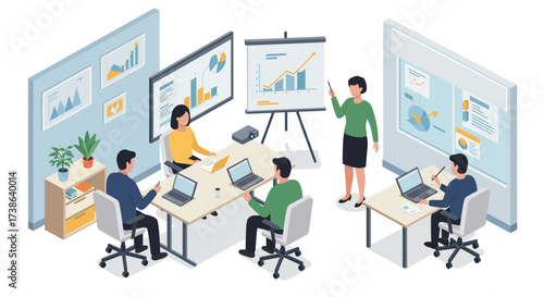 Modern office meeting with diverse team analyzing graphs and data in an isome…