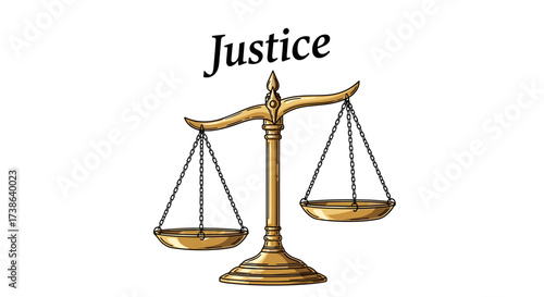 Golden balance scale symbol of justice and law, vector illustration isolated on transparent background.