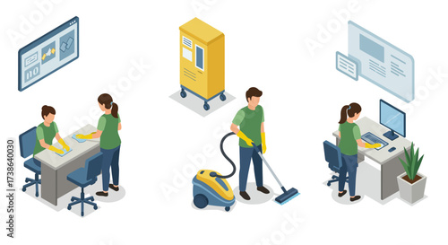 Office cleaning and filing tasks in isometric style with modern equipment and…