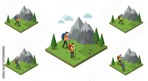 Isometric hiking adventures with travelers in mountainous terrain