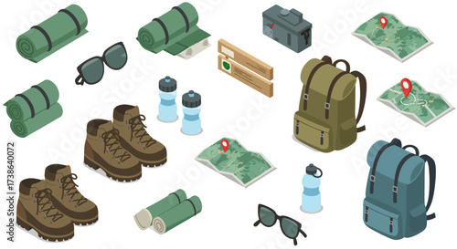 Isometric camping gear with backpacks, hiking boots, maps, and outdoor essent…