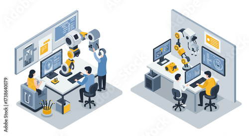 Modern office automation with robotics and technology in isometric design
