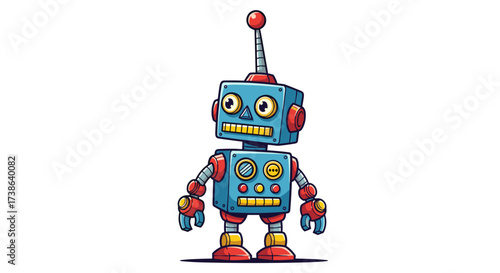Cute retro cartoon robot character with antenna and big eyes, friendly expression, isolated vector illustration svg.