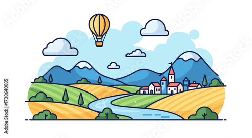 Colorful SVG illustration of an idyllic rural landscape with village, mountains, river, hot air balloon.