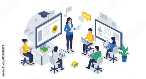 Online learning concept in isometric style with students and teacher interact…